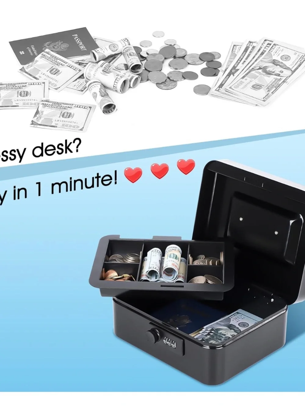 Portable Black Cash Box with Combination Lock
